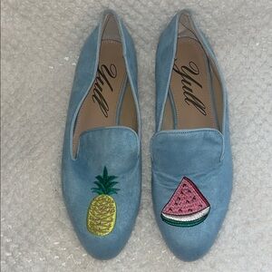 YULL Womens Loafers Blue Embroidered Watermelon and Pineapple size UK  7 US 9